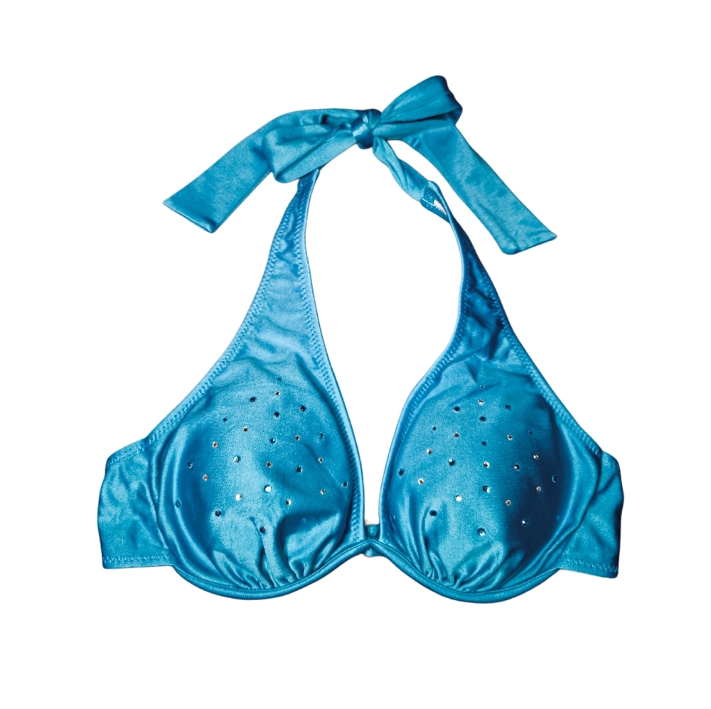 Y2k Blue Halter Bikini Top with Rhinestones!